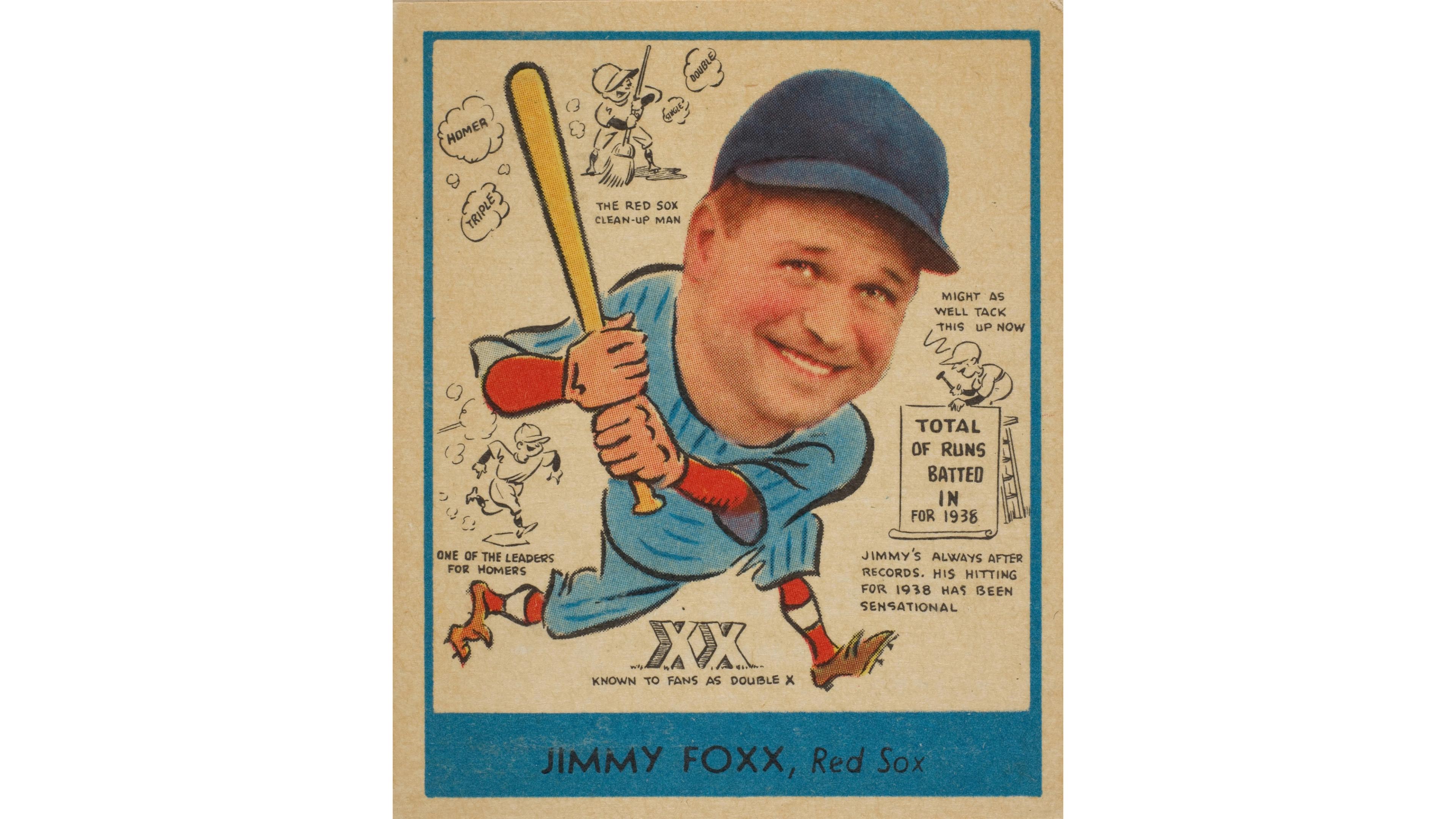 Vintage baseball card featuring a caricature of a smiling player in a blue uniform and cap, holding a bat. Cartoon figures and text praise his hitting.