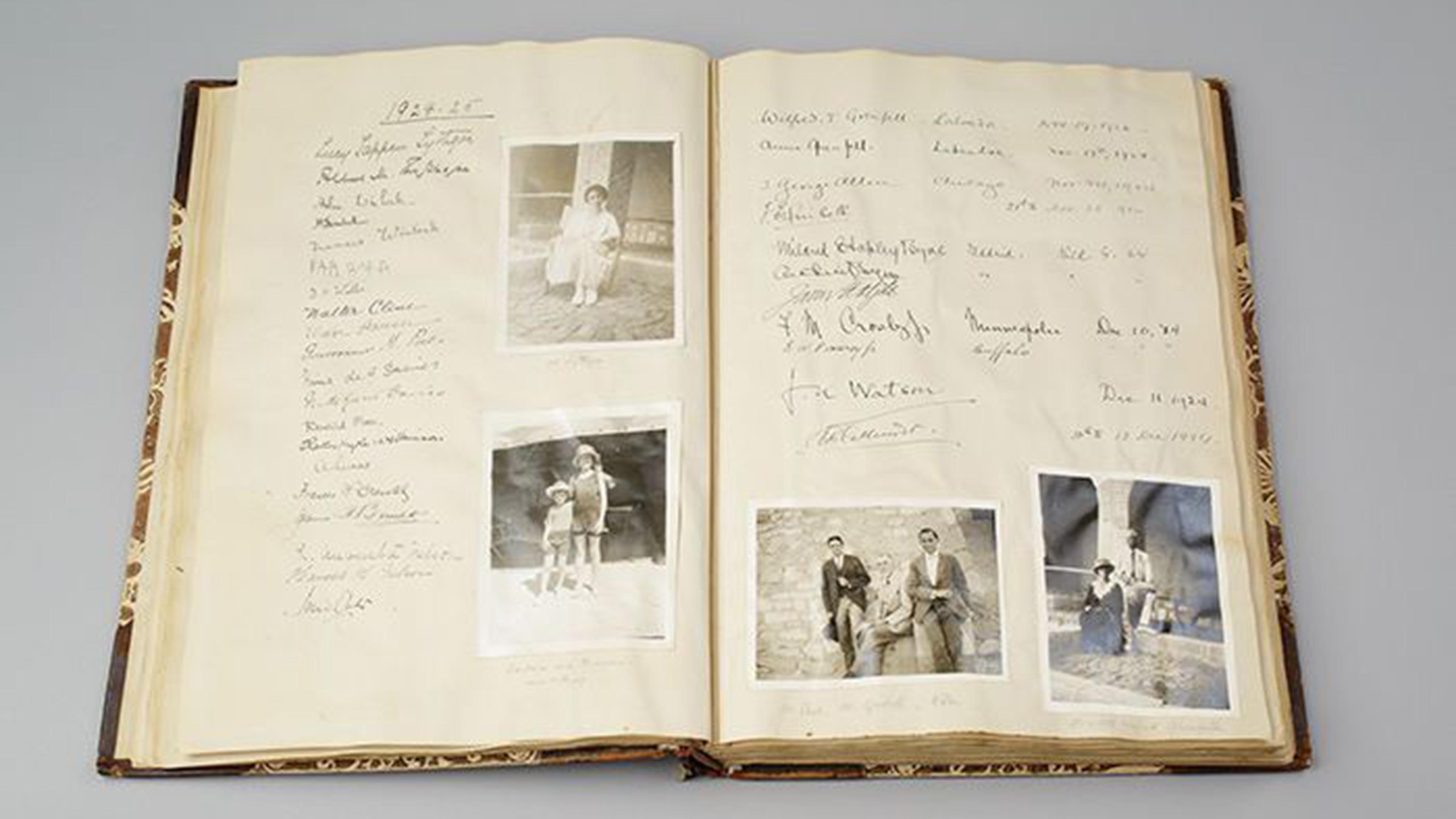 A spread from the guest book kept between 1923 and 1939 by Minnie Burton, wife of photographer Harry Burton, at Metropolitan House on the West Bank at Thebes. Album displays handwritten notes and black-and-white photos of people in various poses.