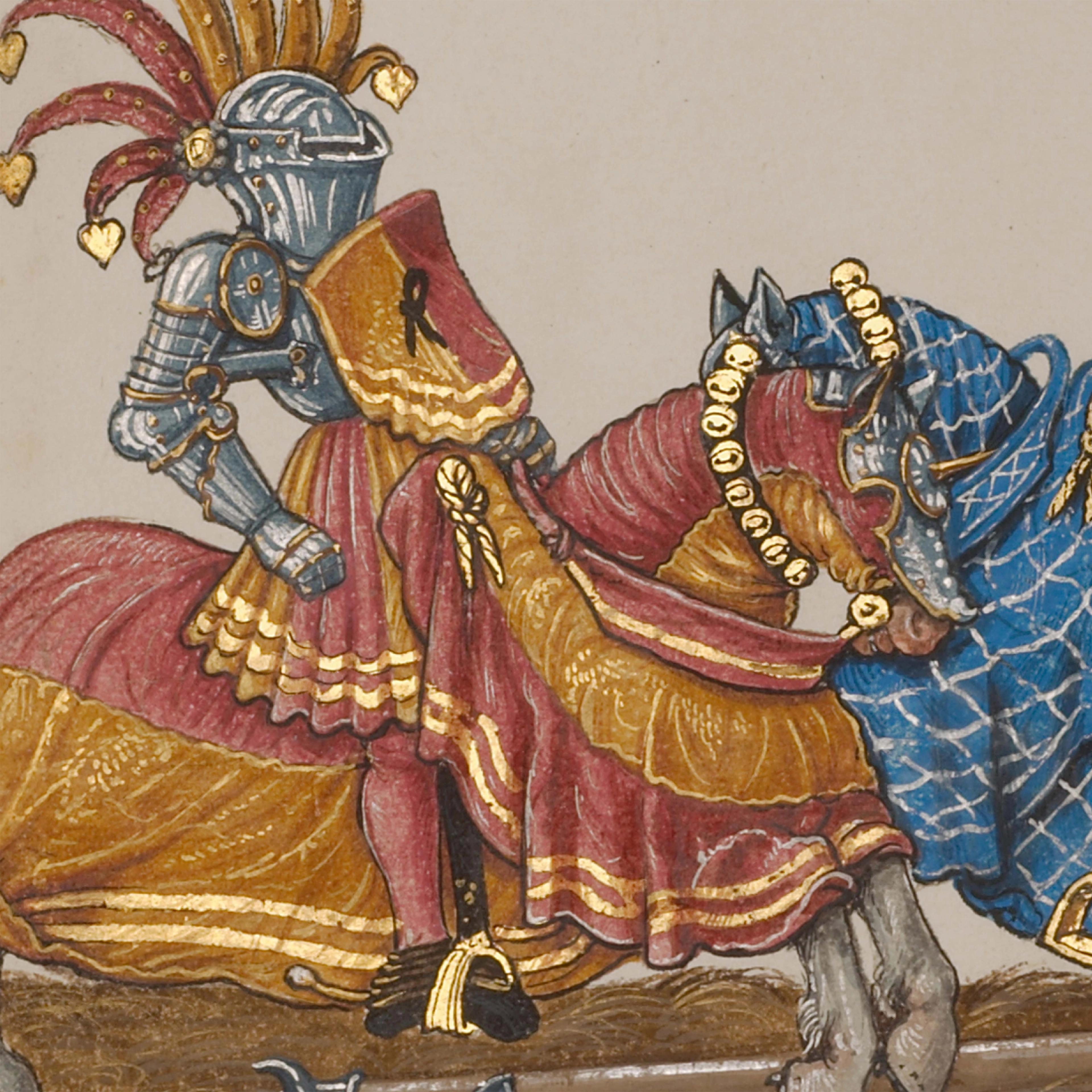 Painting of two figures in metal armor, figure on left rides a horse draped in orange and red fabric, figure on right is facing down, falling off of a horse draped in blue fabric.