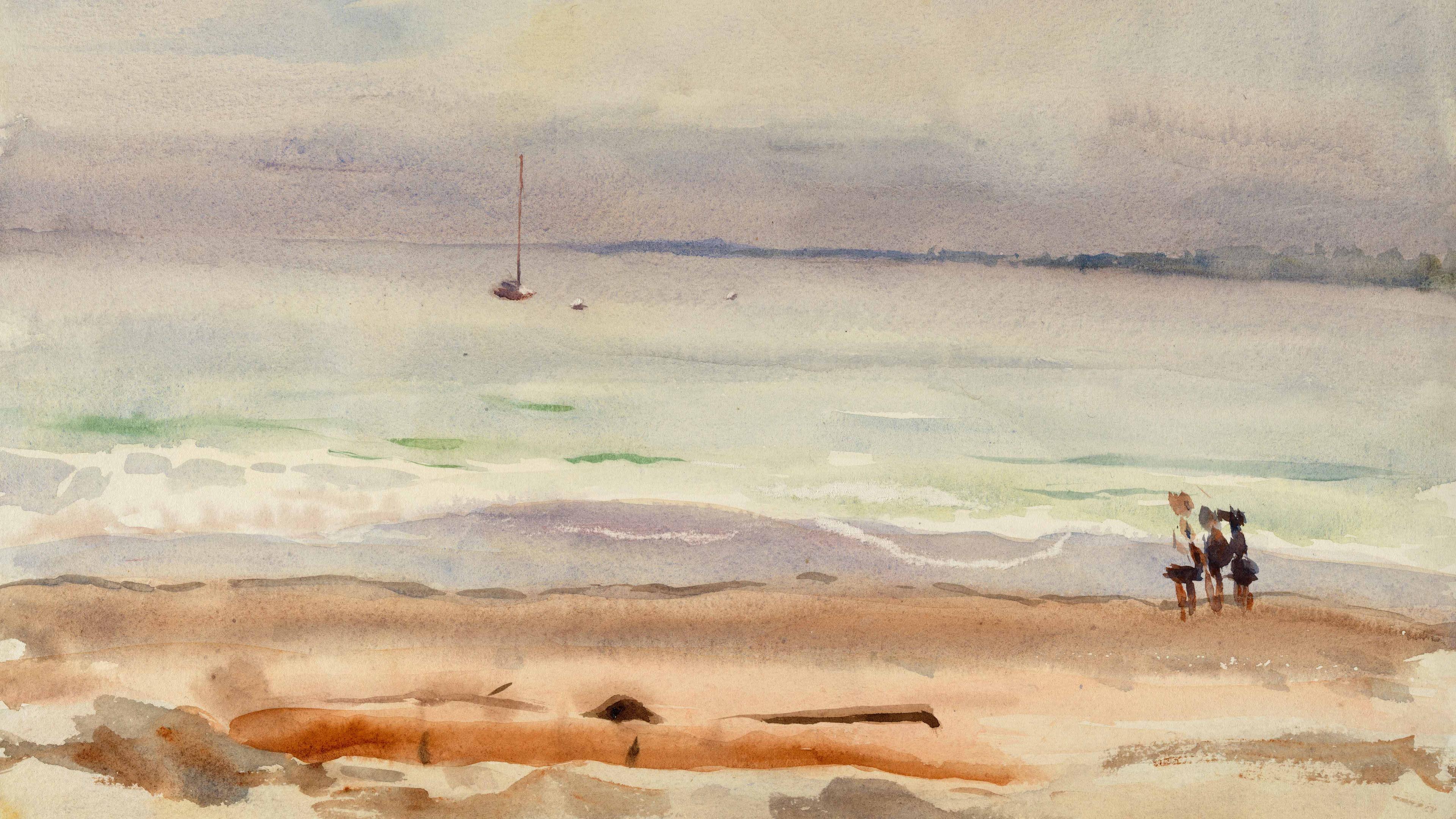 A serene beach watercolor painting, showing a distant sailboat on calm waters. Two figures walk along the sandy shore under a cloudy sky. Peaceful mood.
