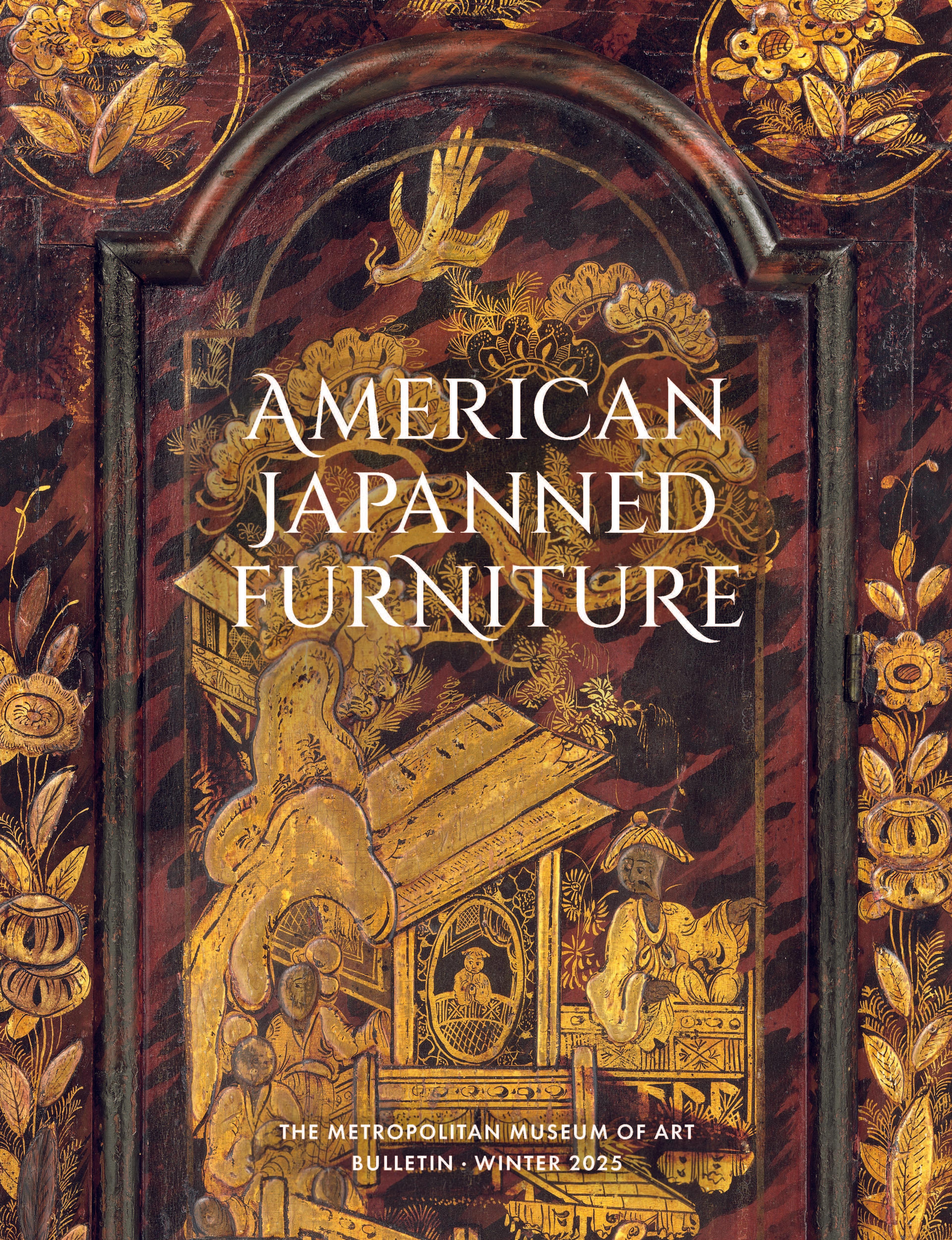 burgundy, gold, and black detailed lacquer furniture with white title text