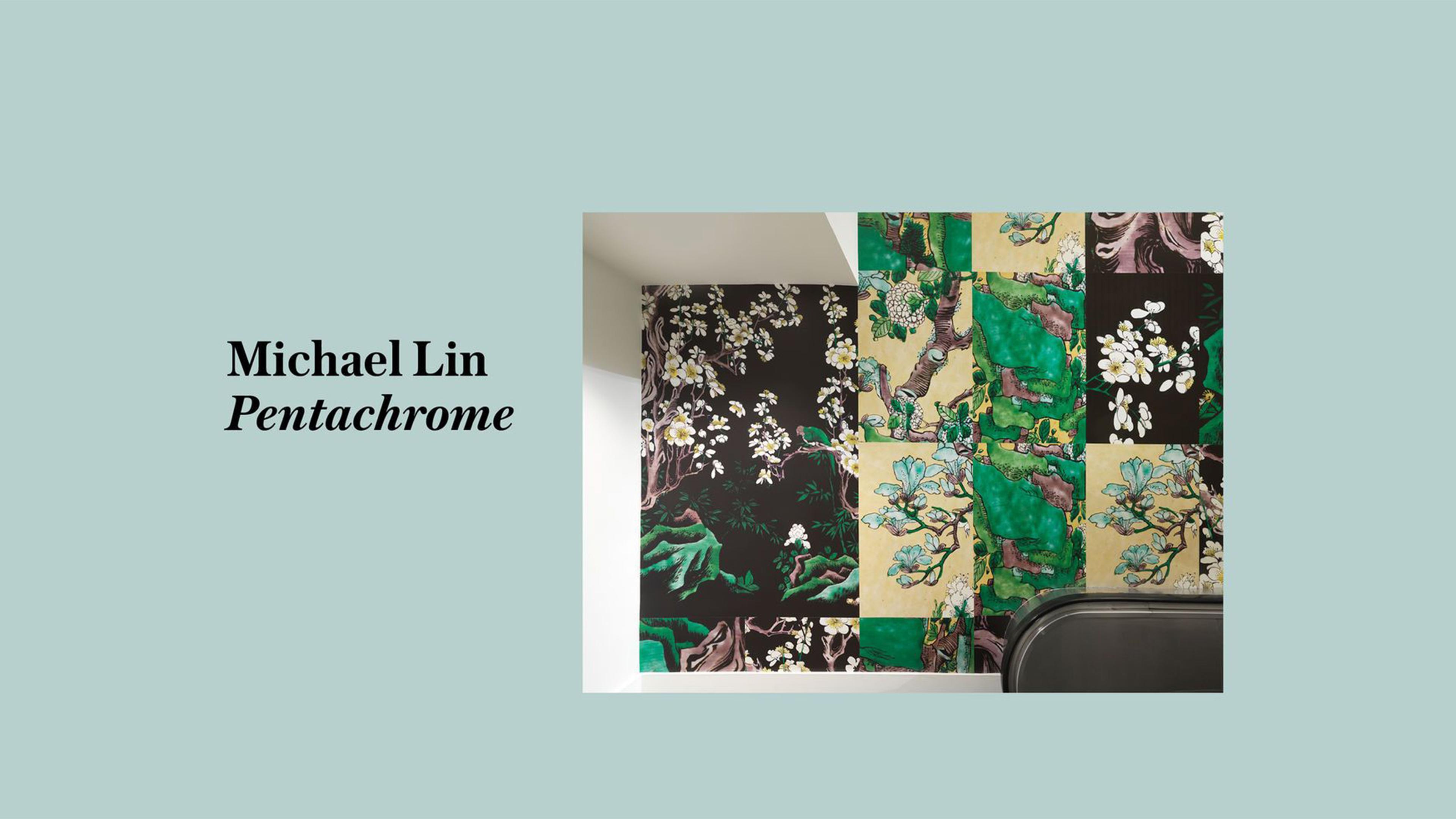 Wall art with a floral and botanical theme in green, black, and cream tones. Text on the left reads "Michael Lin Pentachrome" on a pale blue background.