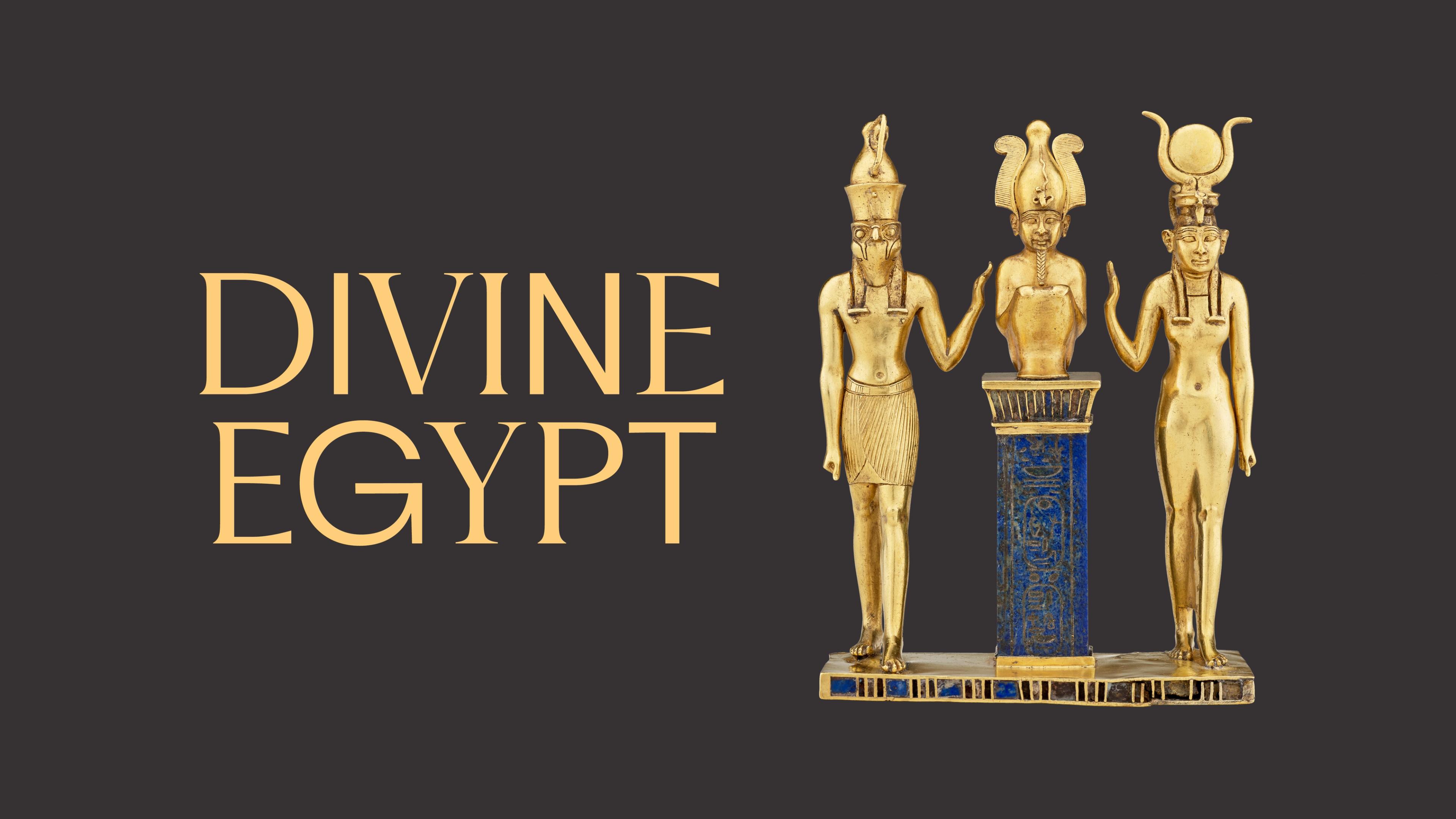 Golden Egyptian statues stand on a blue and gold base, with tall headdresses. Above them, the text "Divine Egypt" in bold, golden letters.