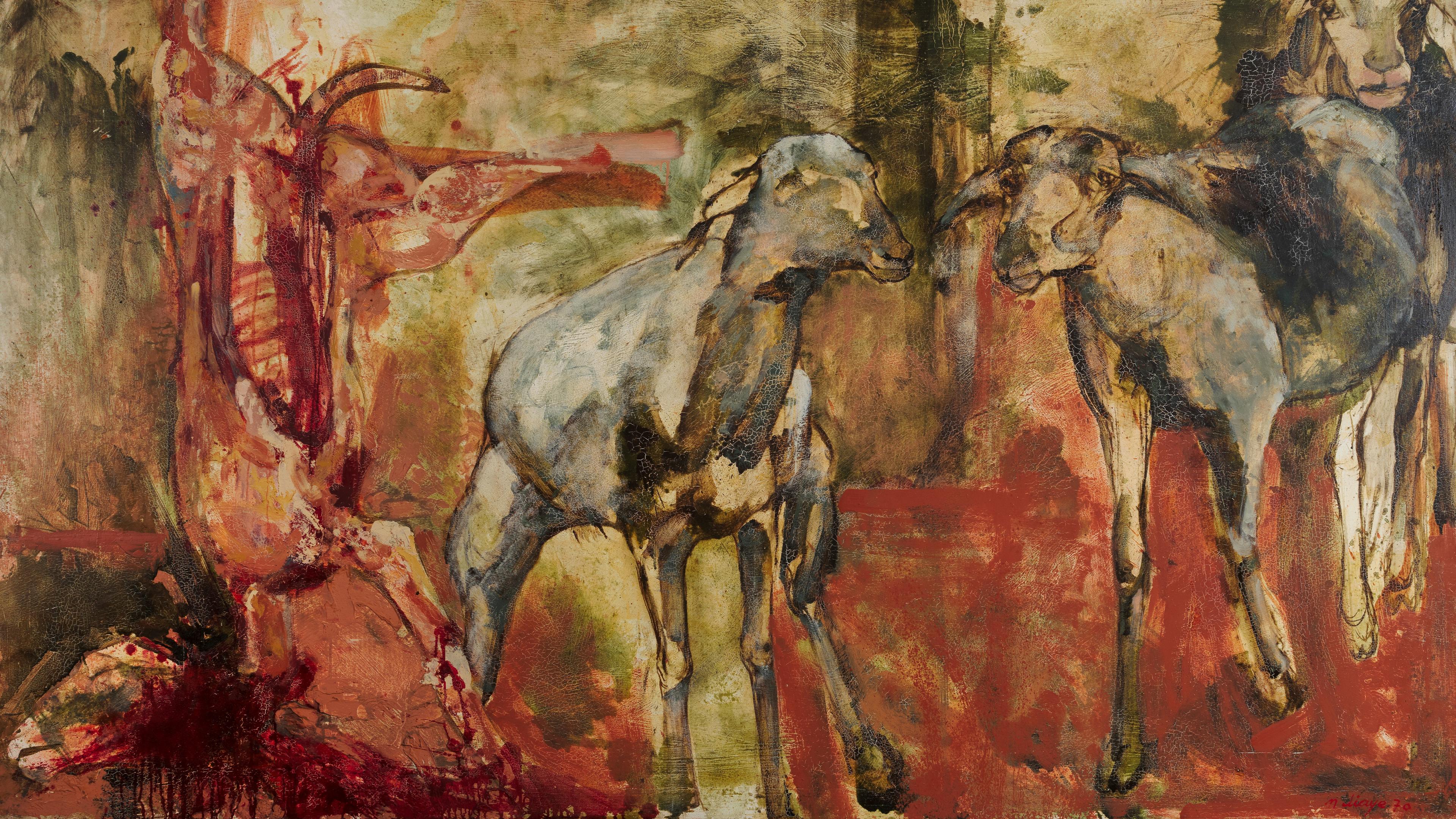 Painting of reds, brown on a tan background with 3 animals walking on all fours