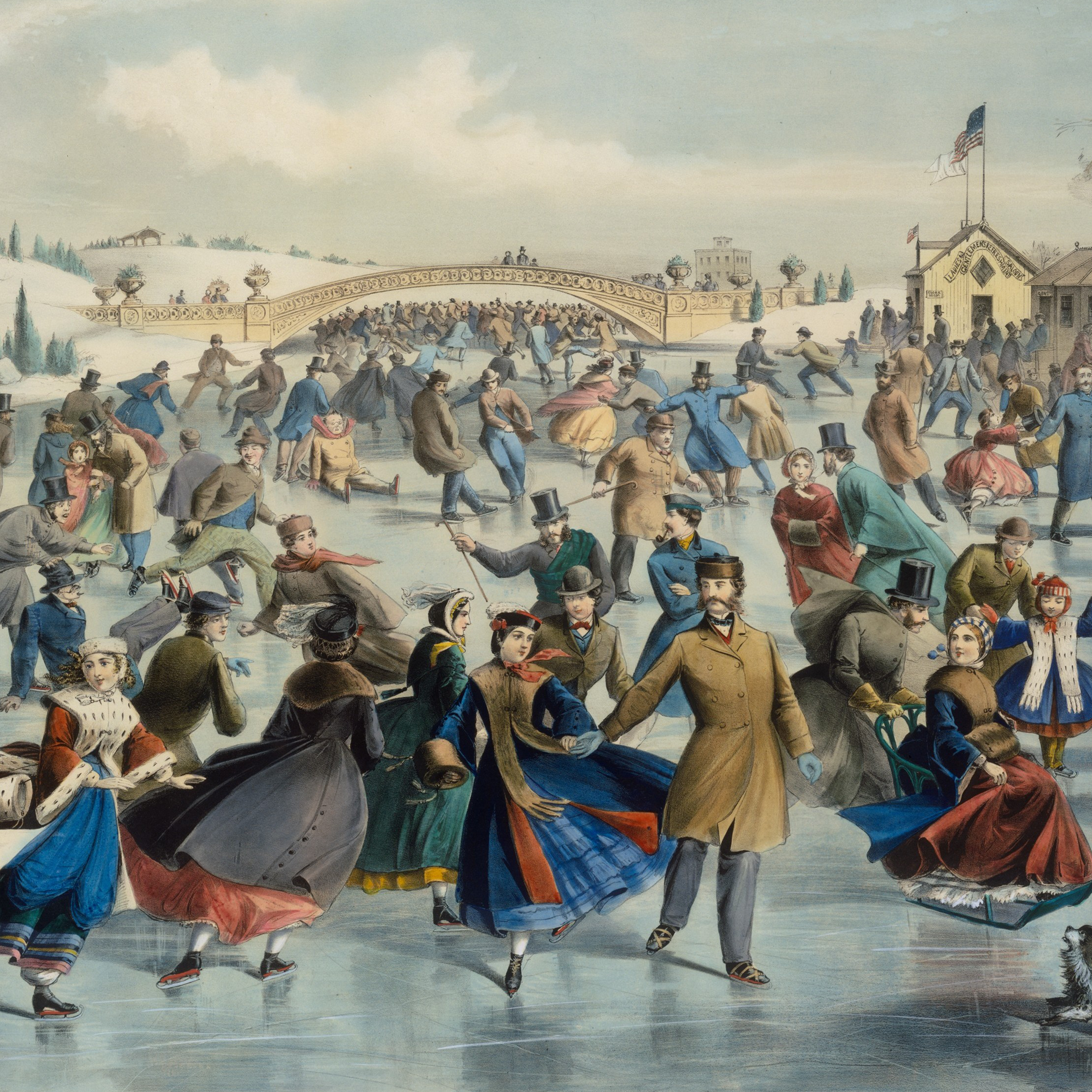 A print featuring revelers ice-skating in central park.